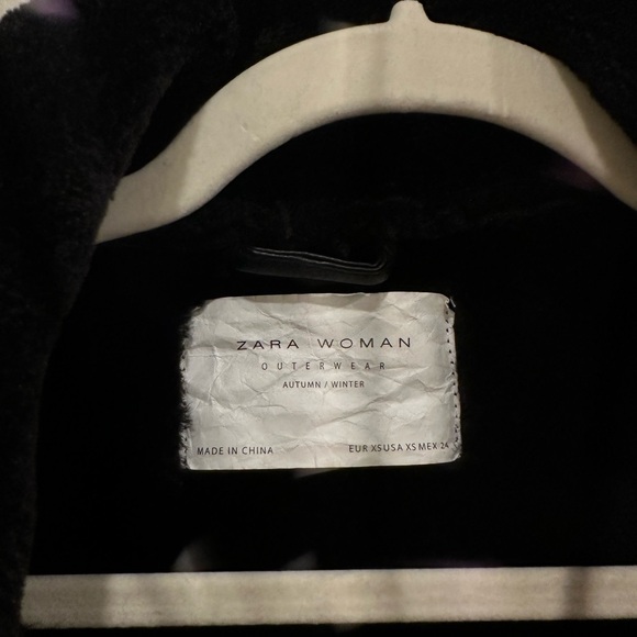 Zara Black Aviator Shearling Faux Bomber Jacket with Fur Trim XS - Picture 4 of 4